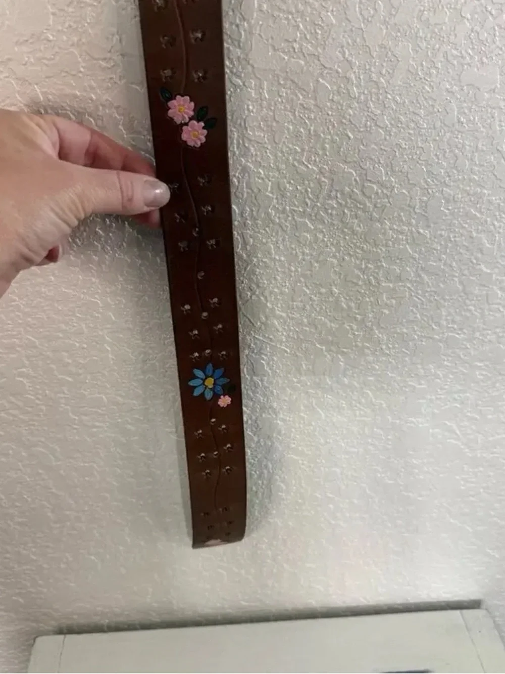 Free People Eye Candy Brown Leather Belt with Pink & Blue Floral Embroidery
